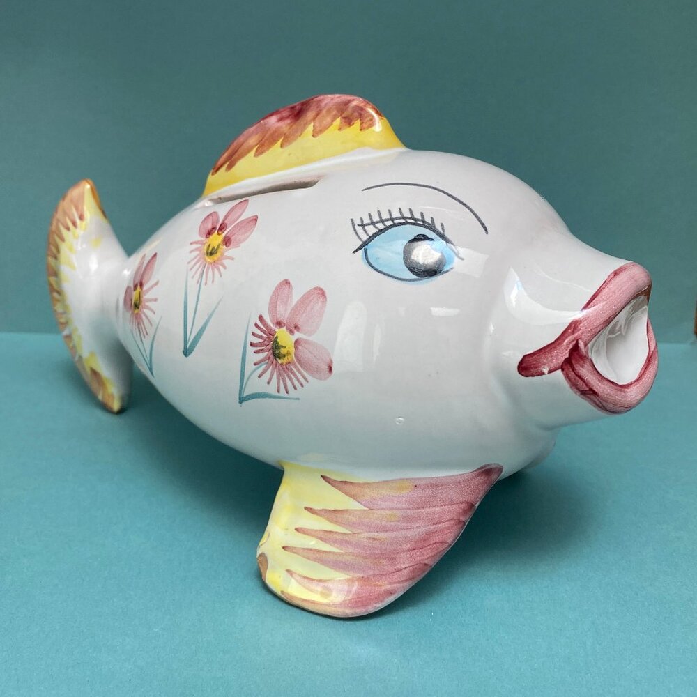 Adorable Vintage Italian Art Ceramics Fishy Bank - Hand Painted - Vintage Gift